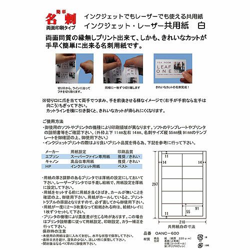 簡単名刺 プリンタ共用 両面印刷 A4 10面 100枚入